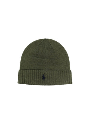 Cappello Polo Ralph Lauren in lana con logo e risvolto a coste fronte verde militare