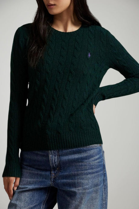 Maglione da donna Polo Ralph Lauren a trecce girocollo con logo fronte 1