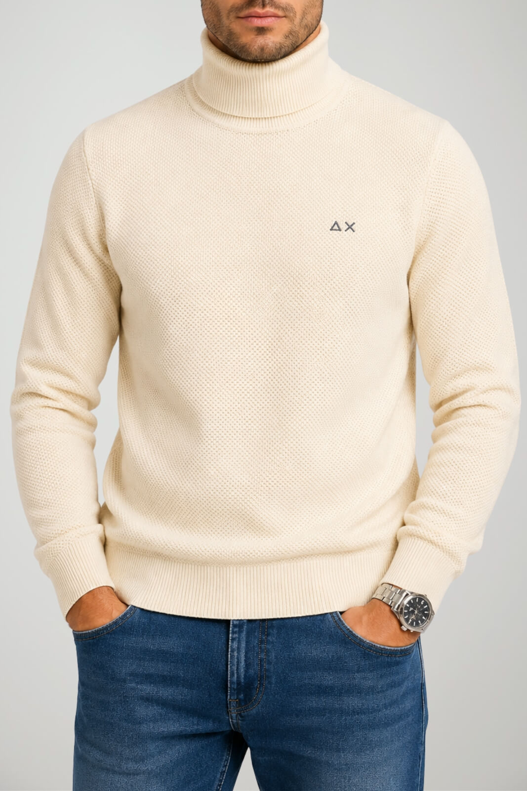 Sun68 Maglia Uomo Dolcevita Punto Riso in Misto Lana Merino e Cotone