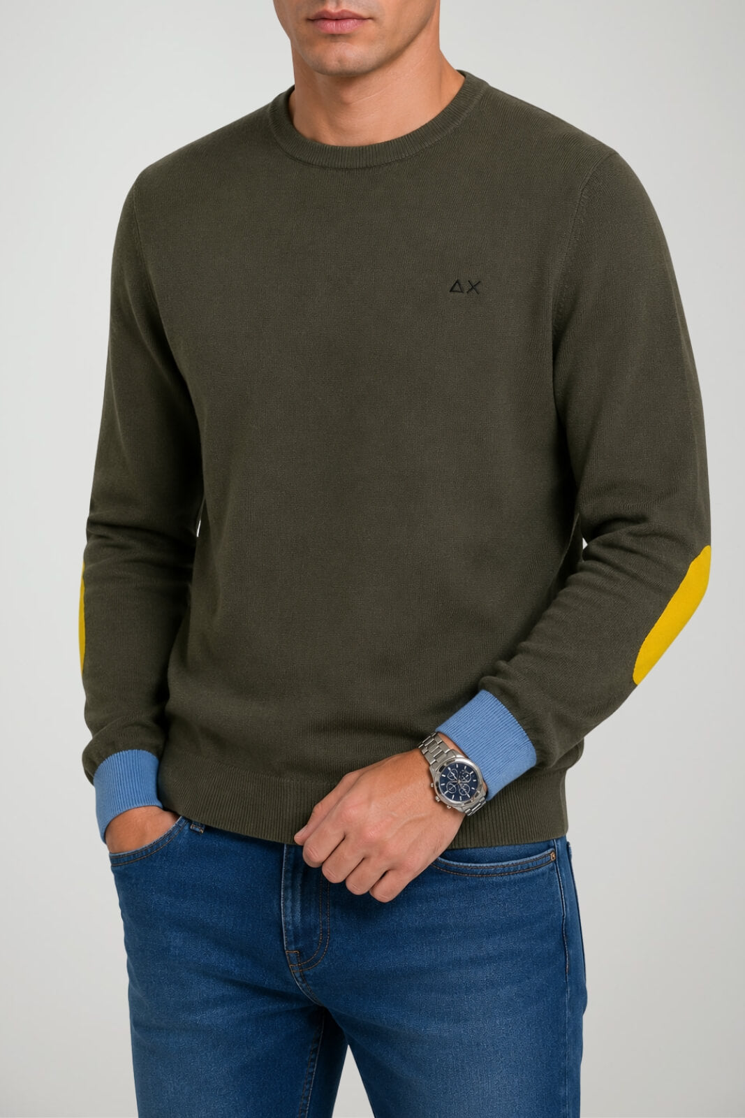 Sun68 Maglia Uomo Gomiti a Contrasto in Misto Lana Merino e Cotone