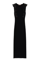 Abito da donna lungo in maglia smanicato con inserti in pizzo macramè