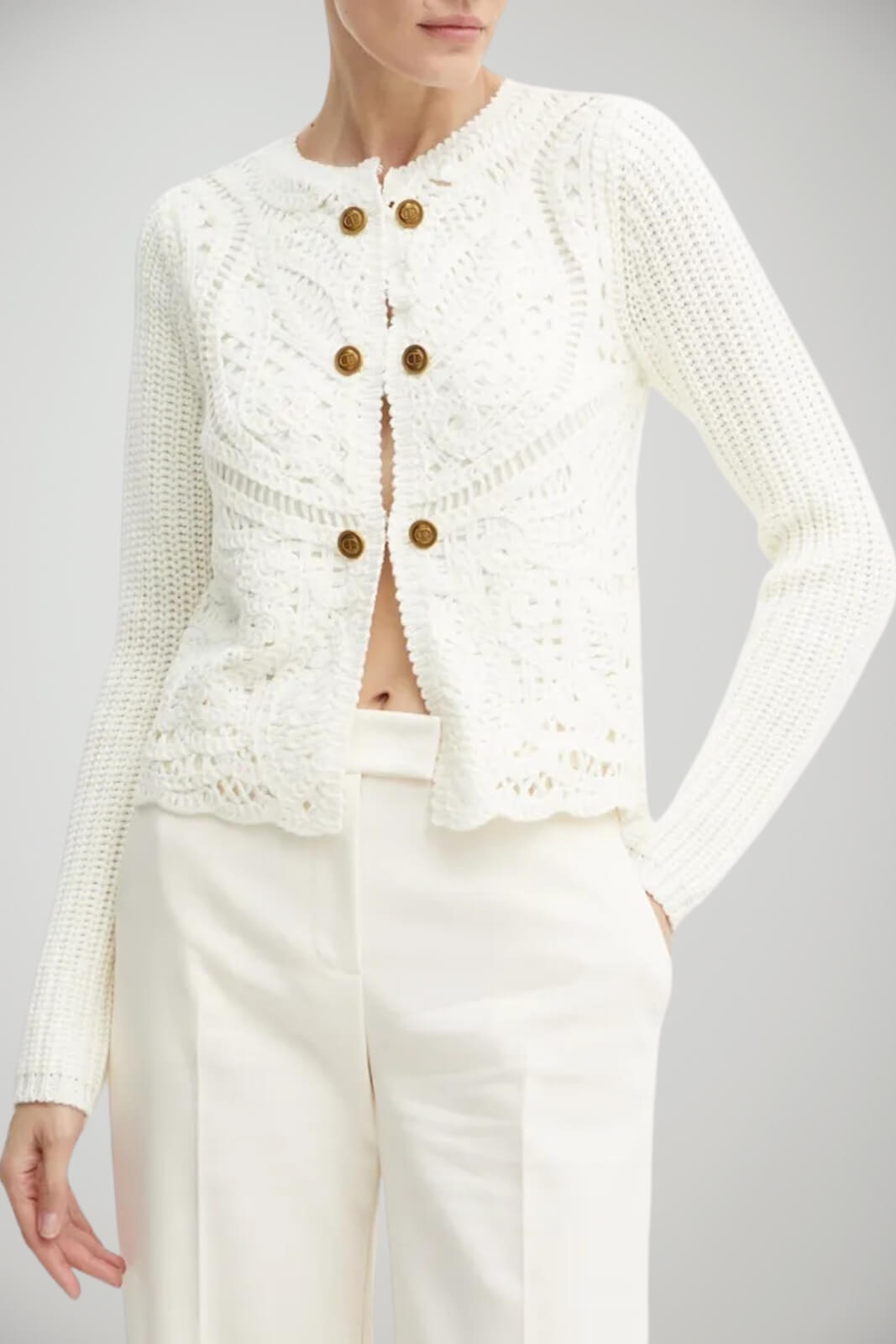 Cardigan da donna Twinset in crochet con bottoni logati