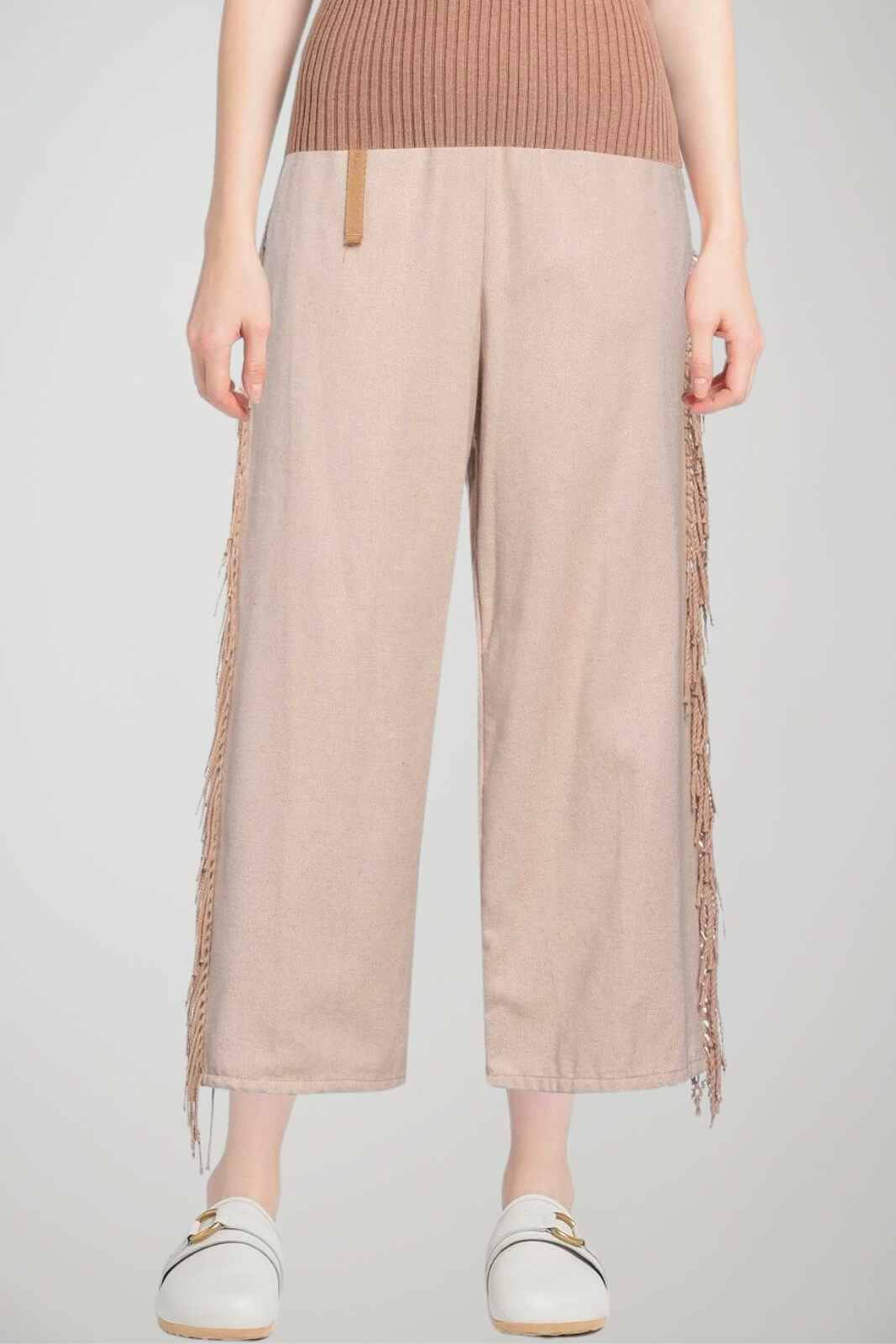 White Sand Pantaloni Donna con Frange Laterali Wide Leg