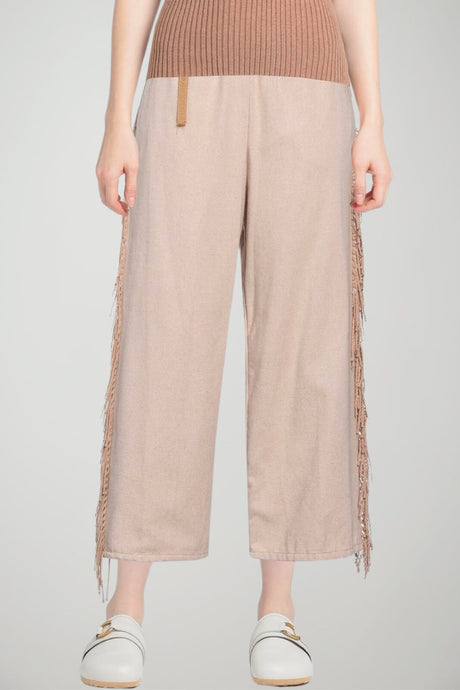White Sand Pantaloni Donna con Frange Laterali Wide Leg
