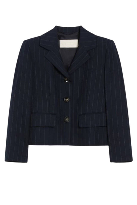 Giacca donna gessata, maniche a tre quarti allacciatura con bottoni, collo rever, doppia tasca sul davanti. Uno stile iconico e senza tempo firmato I Blues.