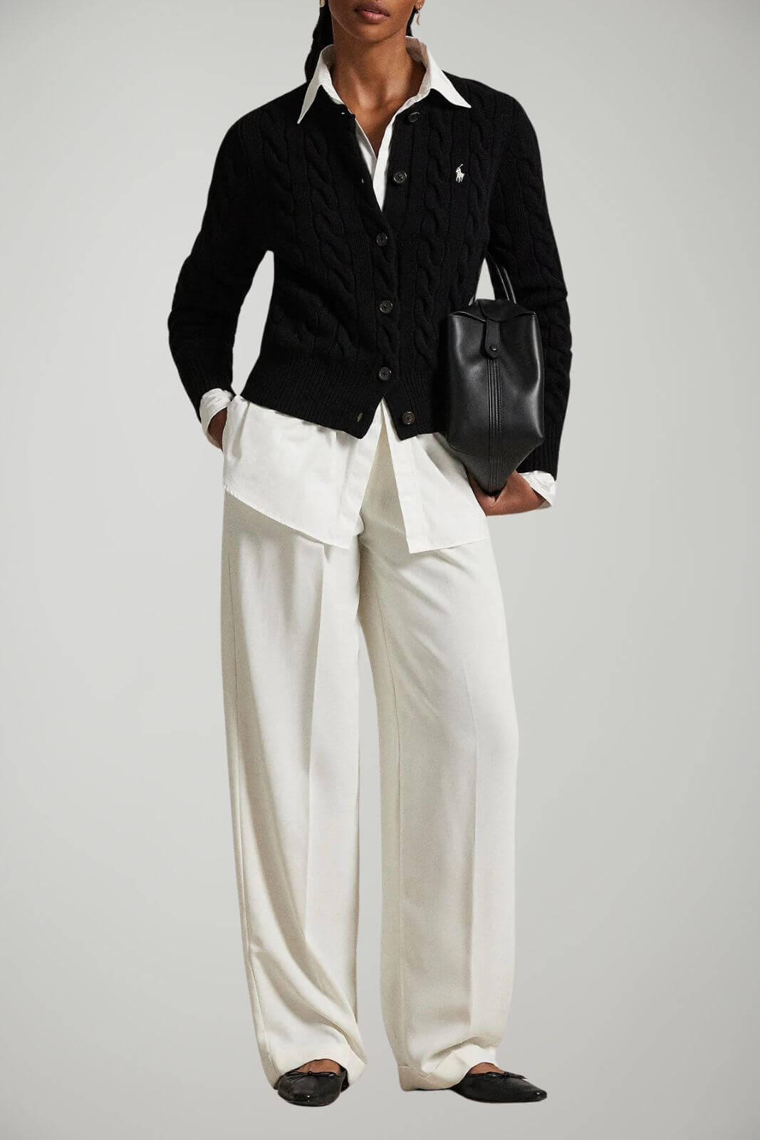 Cardigan da donna Polo Ralph Lauren a trecce con bottoni e logo outfit