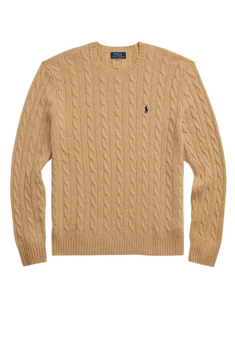Maglia uomo firmata Polo Ralph Lauren in lana e cashmere con lavorazione a trecce, Logo Pony sul petto.